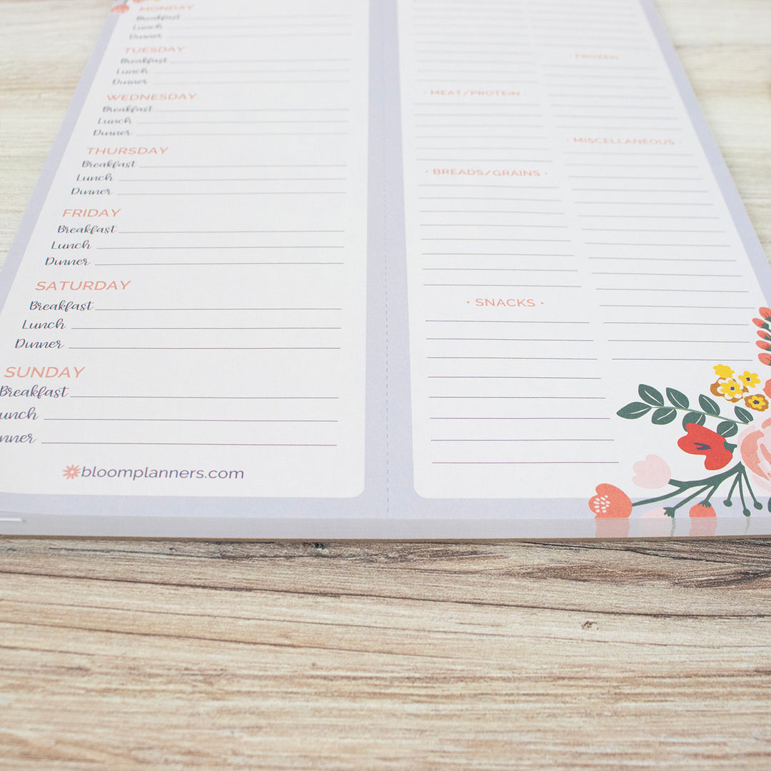 Planning Pad, 8.5" x 11", Meal & Grocery Pad with Magnets, Blue Floral