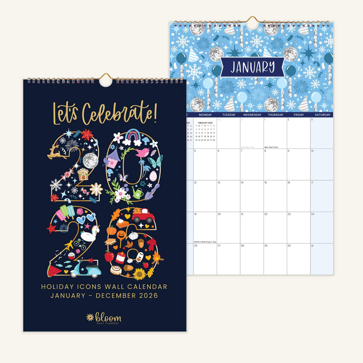 2026 Hanging Calendar, 11" x 17", Holiday Icons