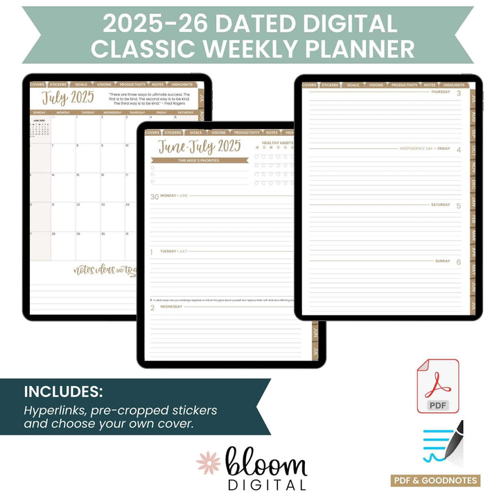 2025-26 dated digital classic weekly planner for iPad GoodNotes, compatible with PDF and other note-taking apps.
