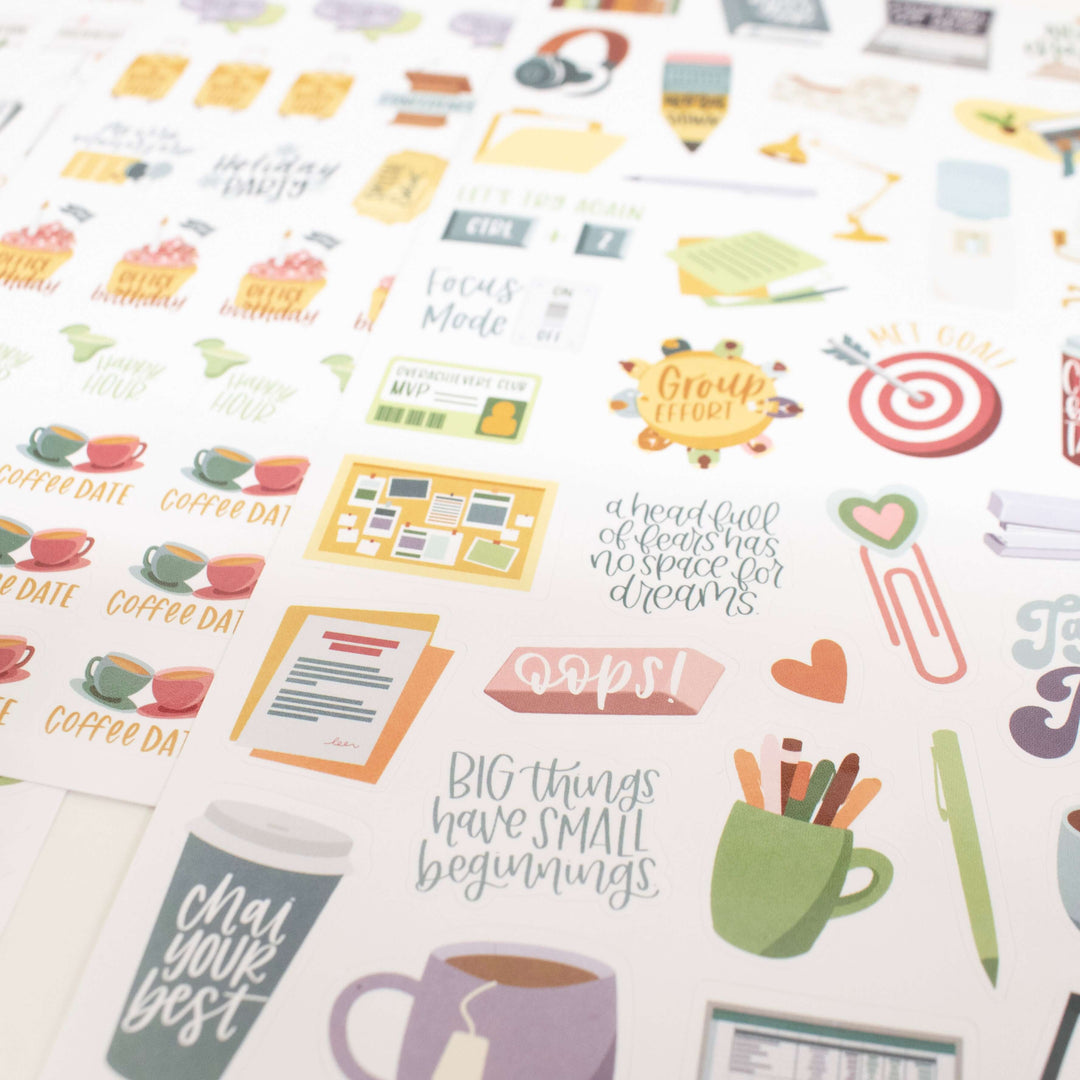 Bloom Workday Essentials Planner Stickers Pack featuring colorful designs for organizing tasks and meetings.