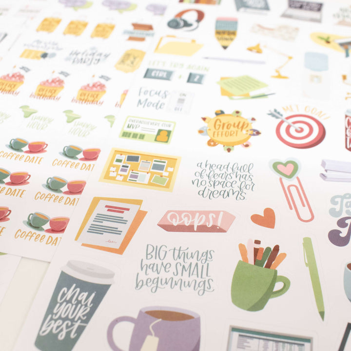 Bloom Workday Essentials Planner Stickers Pack featuring colorful designs for organizing tasks and meetings.