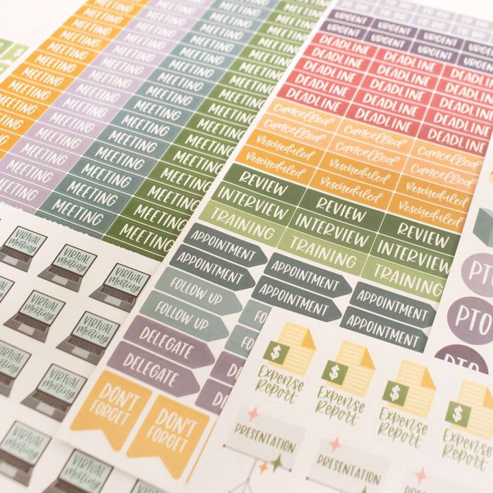Colorful planner stickers from Bloom Workday Essentials for organizing meetings, deadlines, and appointments.