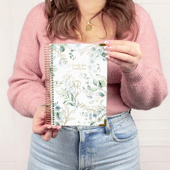 2025-26 Hard Cover Planner, 5.5" x 8.25", Eucalyptus, White