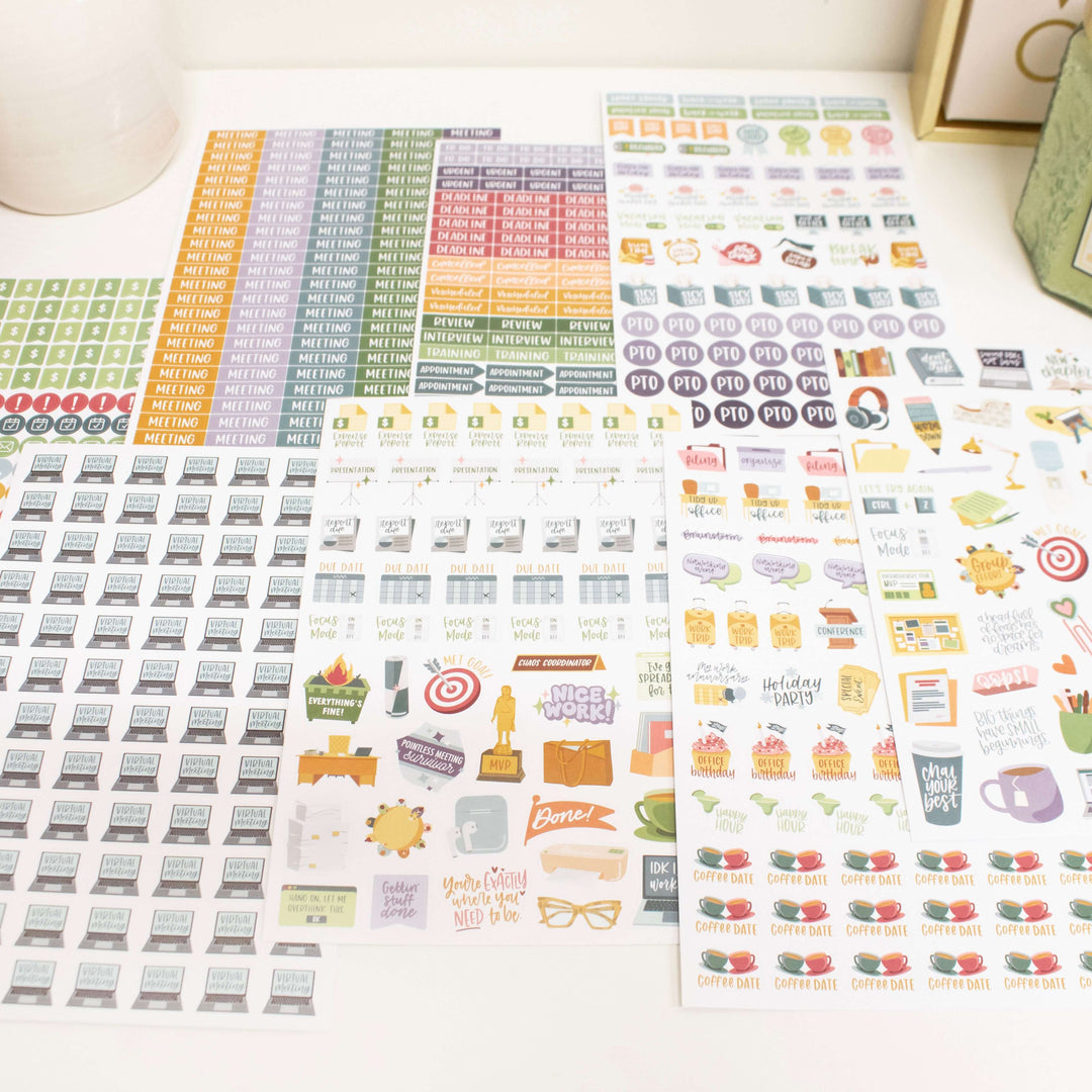 Bloom Workday Essentials Planner Stickers Pack featuring 802 hand-drawn stickers on 8 sheets for office organization.