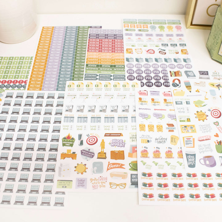 Bloom Workday Essentials Planner Stickers Pack featuring 802 hand-drawn stickers on 8 sheets for office organization.