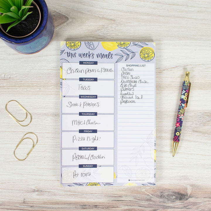 Planning Pad, 6" x 9", Meal Planning Pad with Magnets, Blue Lemons