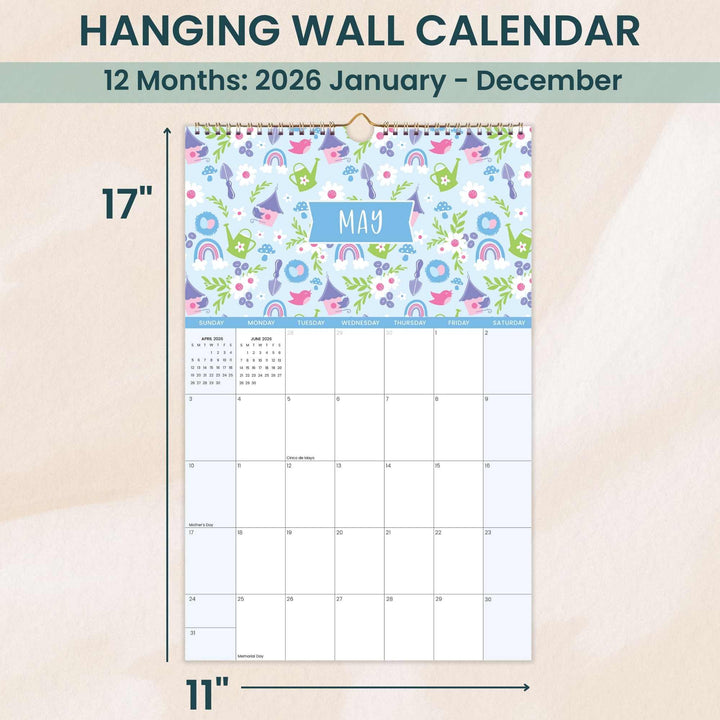 2026 Hanging Calendar, 11" x 17", Holiday Icons