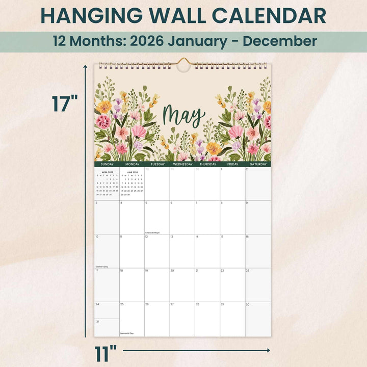 2026 Hanging Calendar, 11" x 17", Seasonal