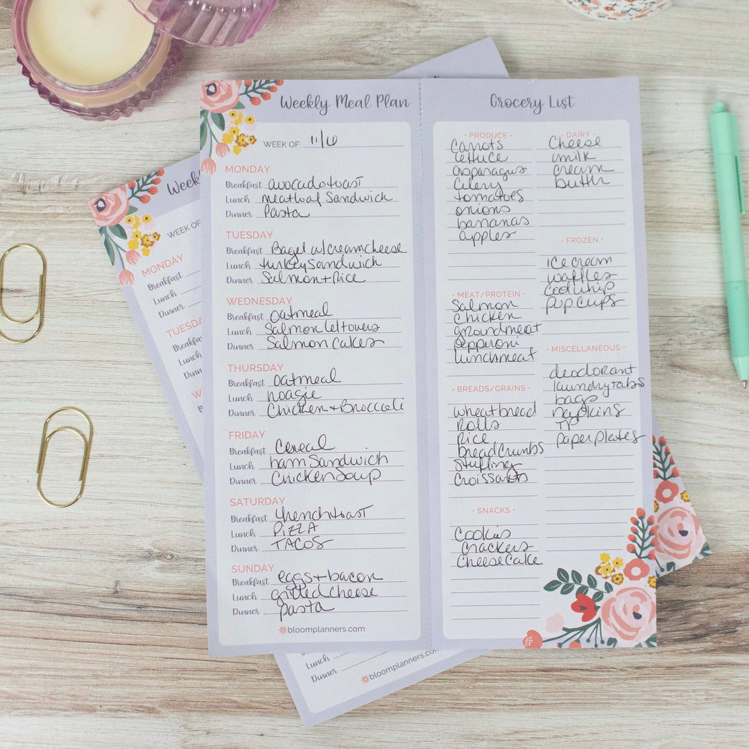 Planning Pad, 8.5" x 11", Meal & Grocery Pad with Magnets, Blue Floral