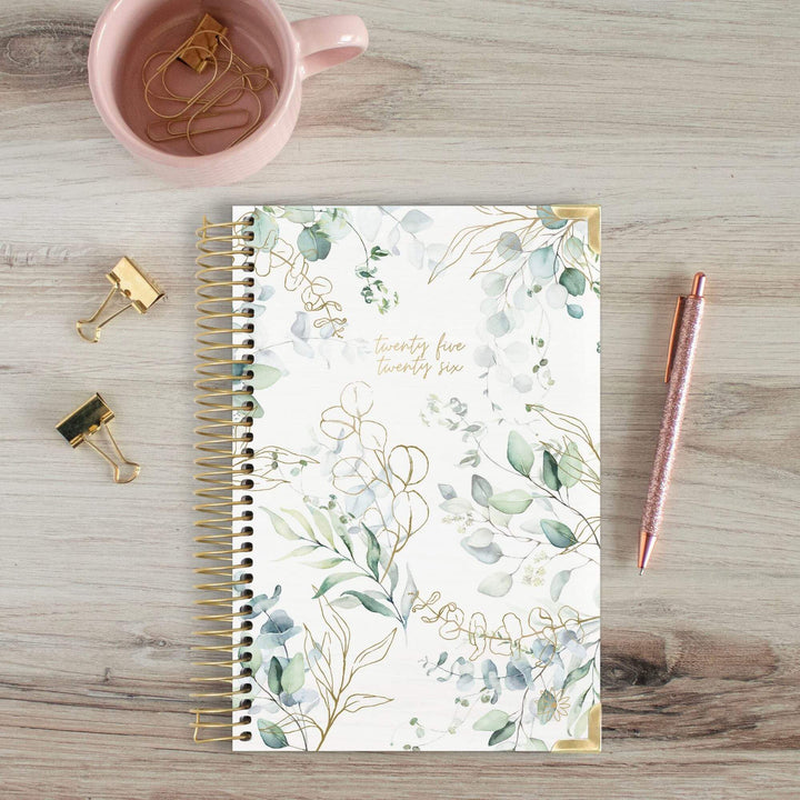 2025-26 Hard Cover Planner, 5.5" x 8.25", Eucalyptus, White