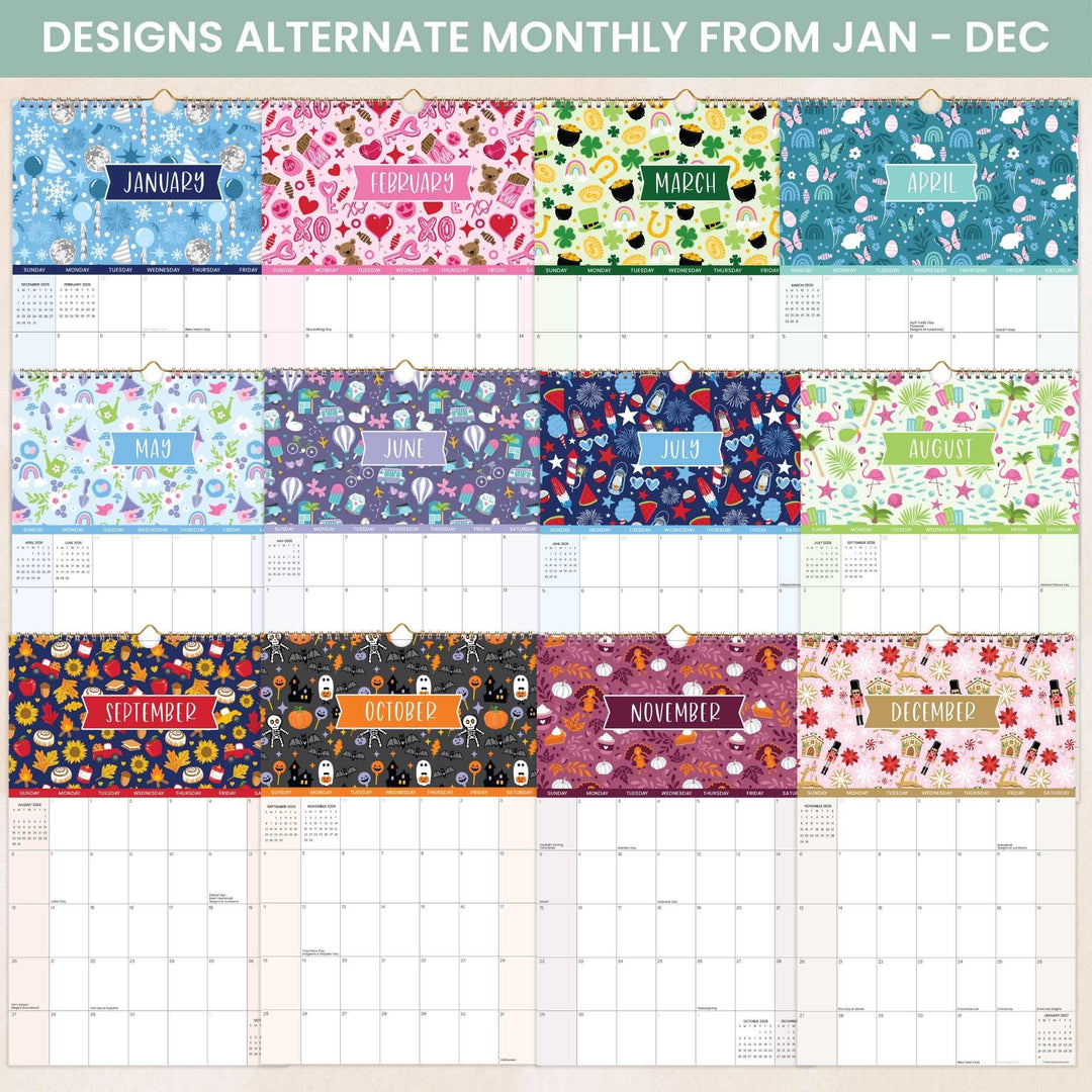 2026 Hanging Calendar, 11" x 17", Holiday Icons