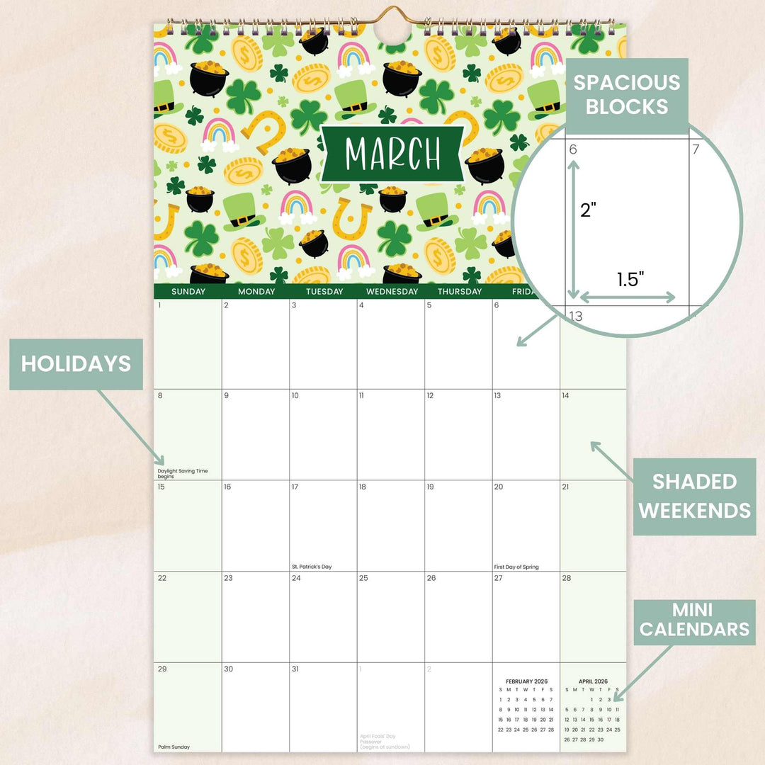 2026 Hanging Calendar, 11" x 17", Holiday Icons