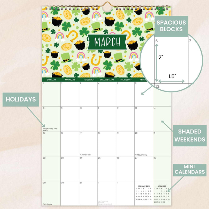 2026 Hanging Calendar, 11" x 17", Holiday Icons