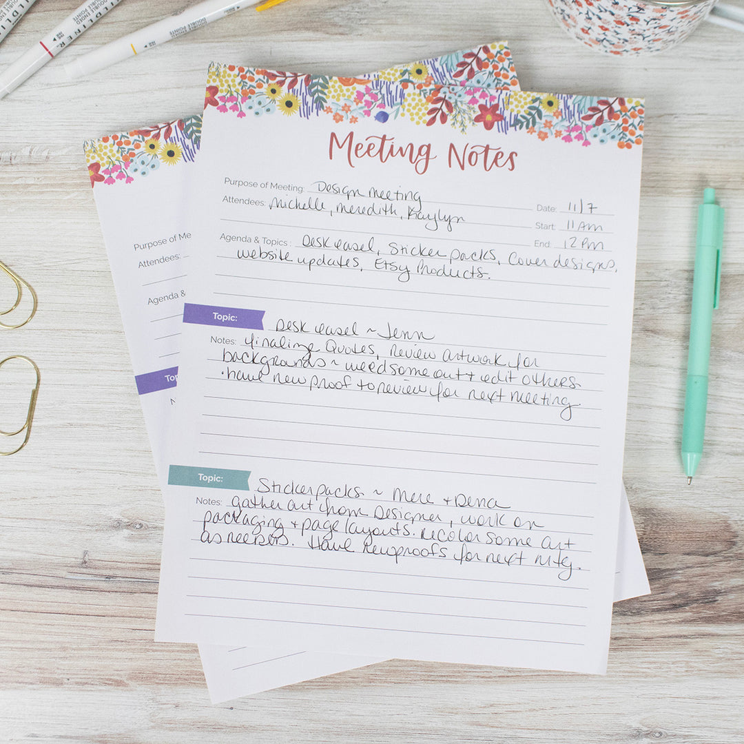 Planning Pad, 8.5" x 11", Double Sided Meeting Notes, Floral Dots