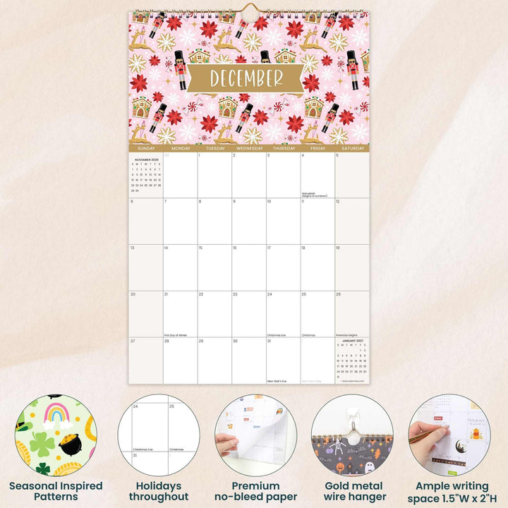 2026 Hanging Calendar, 11" x 17", Holiday Icons