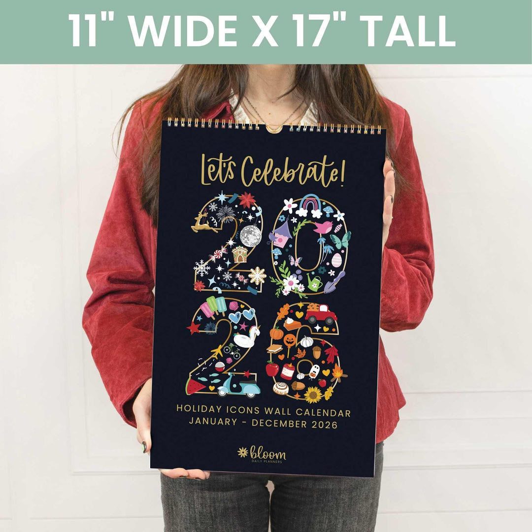 2026 Hanging Calendar, 11" x 17", Holiday Icons