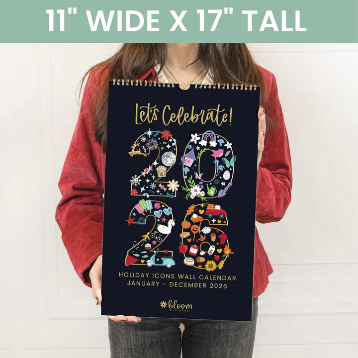 2026 Hanging Calendar, 11" x 17", Holiday Icons