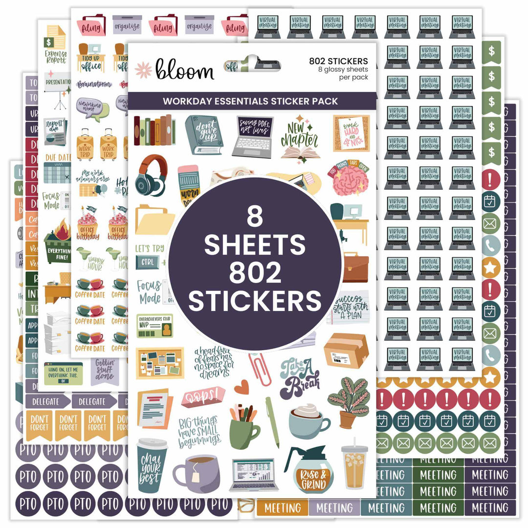 Bloom Workday Essentials Planner Stickers Pack with 802 stickers across 8 sheets for organizing tasks and meetings.