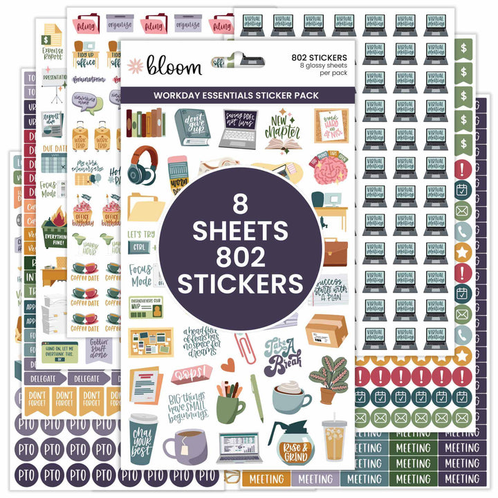 Bloom Workday Essentials Planner Stickers Pack with 802 stickers across 8 sheets for organizing tasks and meetings.