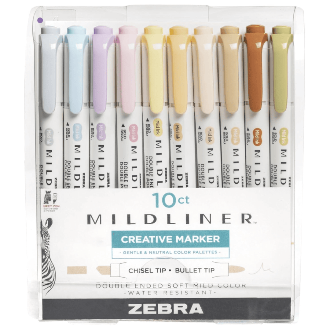 Zebra Pen Journaling and Highlighting Set – Mildliner Double-Ended Highlighters, Chisel & Bullet Tips, No Bleed Neutral & Gentle Ink Colors, 10-Pack