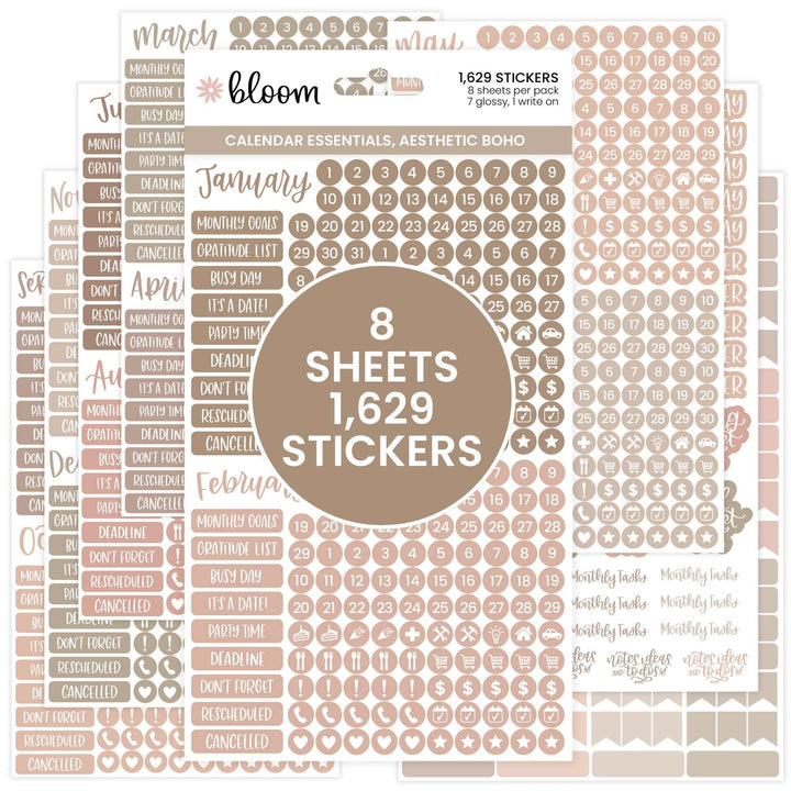 Planner Stickers, Calendar Essentials Pack, Aesthetic Boho