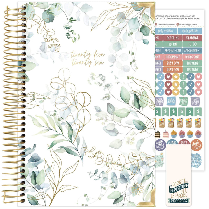 2025-26 Hard Cover Planner, 5.5" x 8.25", Eucalyptus, White