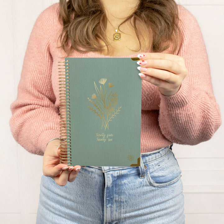 2025-26 Hard Cover Planner, 5.5" x 8.25", Green Linen