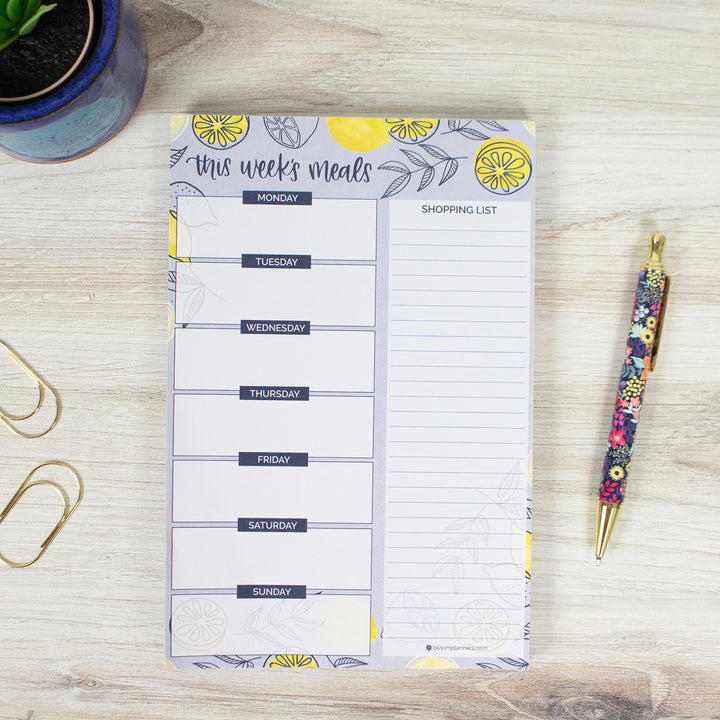Planning Pad, 6" x 9", Meal Planning Pad with Magnets, Blue Lemons