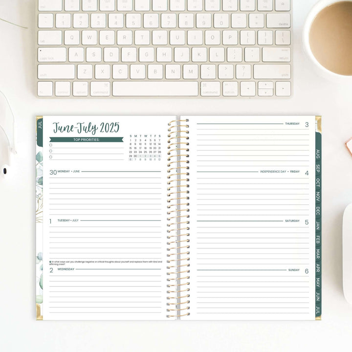 2025-26 Hard Cover Planner, 5.5" x 8.25", Eucalyptus, White