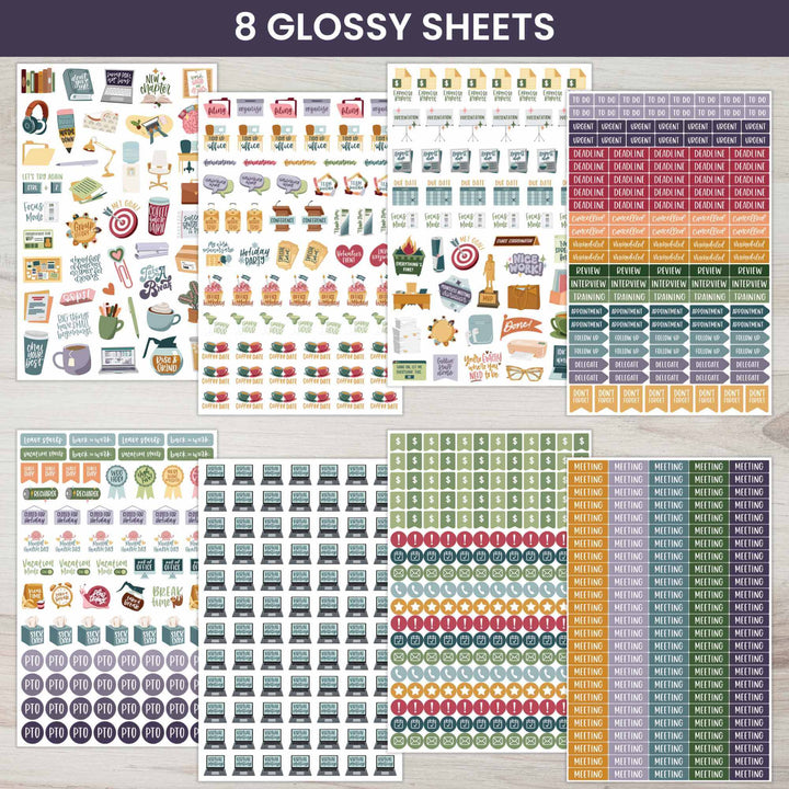 Bloom Workday Essentials Planner Stickers Pack featuring 8 glossy sheets for office organization and task management.