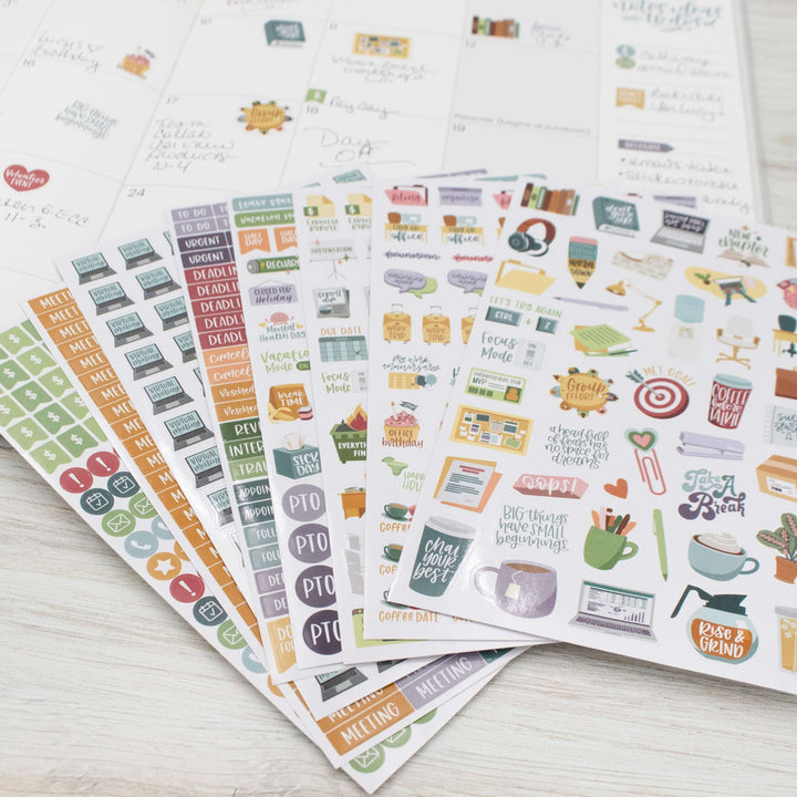 Bloom Workday Essentials Planner Stickers Pack with 802 stickers for organizing office tasks and meetings.
