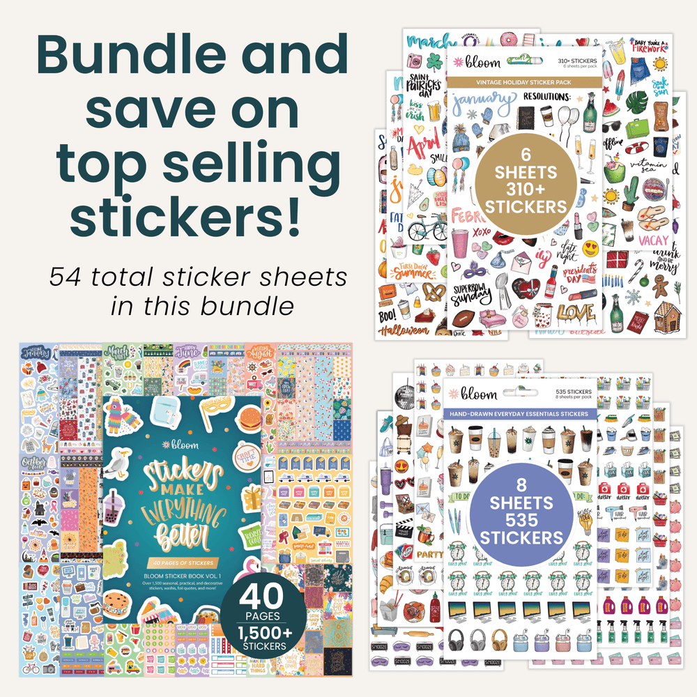 Best selling sticker bundle featuring 54 sheets with over 1,500 hand-drawn stickers for decorating and scrapbooking.