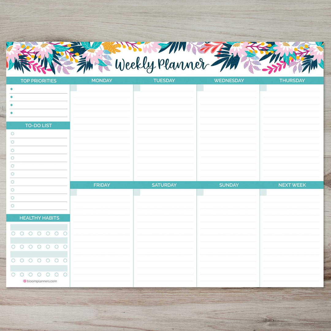 Planning Pad, 8.5" x 11", Horizontal Weekly Planner, Teal Floral