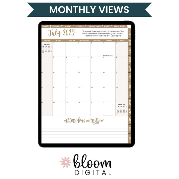 Monthly view of July 2025 in a digital planner by Bloom Daily Planners, designed for use on iPad and GoodNotes.
