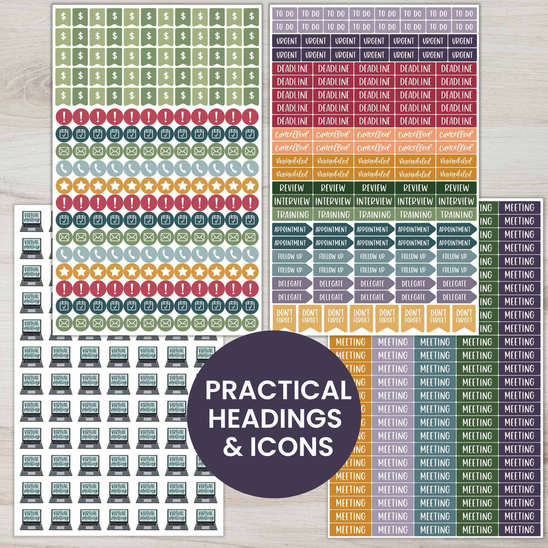 Bloom Workday Essentials Planner Stickers Pack featuring practical headings and icons for organizing tasks and meetings.