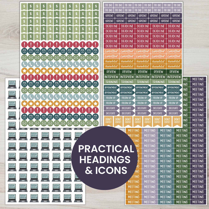 Bloom Workday Essentials Planner Stickers Pack featuring practical headings and icons for organizing tasks and meetings.