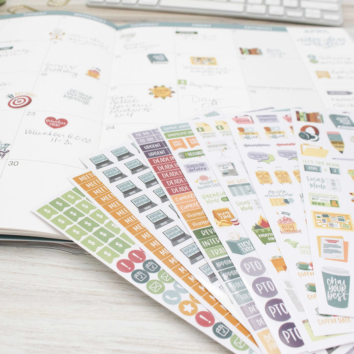 Bloom Workday Essentials Planner Stickers Pack showcasing 8 sheets with colorful designs for organizing office tasks.