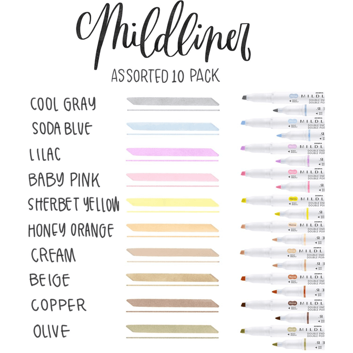 Zebra Pen Journaling and Highlighting Set – Mildliner Double-Ended Highlighters, Chisel & Bullet Tips, No Bleed Neutral & Gentle Ink Colors, 10-Pack