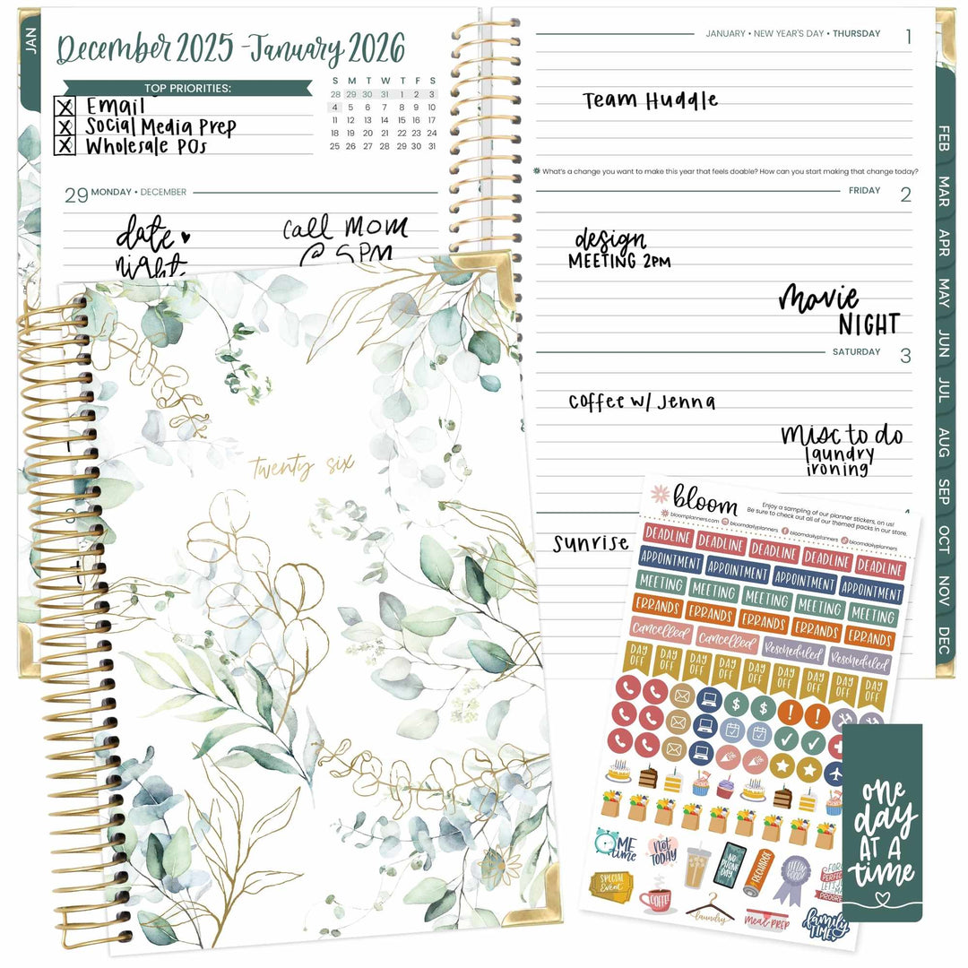2026 Hard Cover Planner, 5.5" x 8.25", Eucalyptus, White