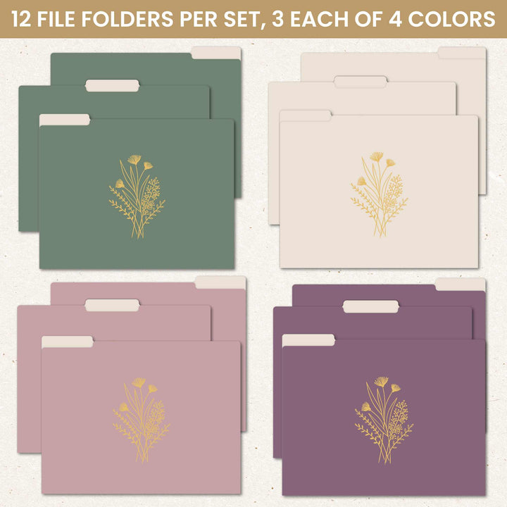 File Folder Set, 12 Pack, Gold Foil Florals