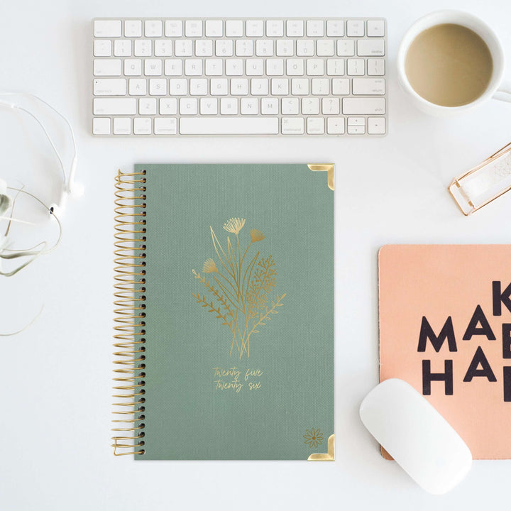 2025-26 Hard Cover Planner, 5.5" x 8.25", Green Linen