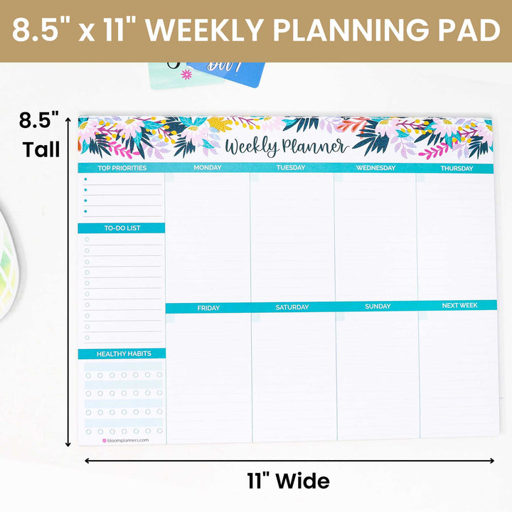 Planning Pad, 8.5" x 11", Horizontal Weekly Planner, Teal Floral