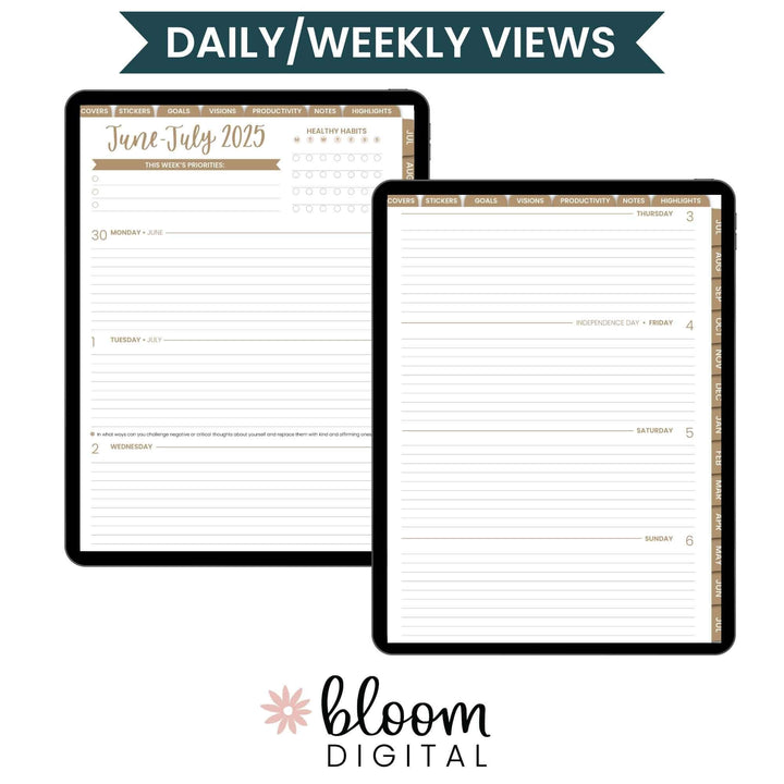 Digital planner daily/weekly views for June-July 2025 by Bloom Daily Planners, compatible with GoodNotes and other apps.