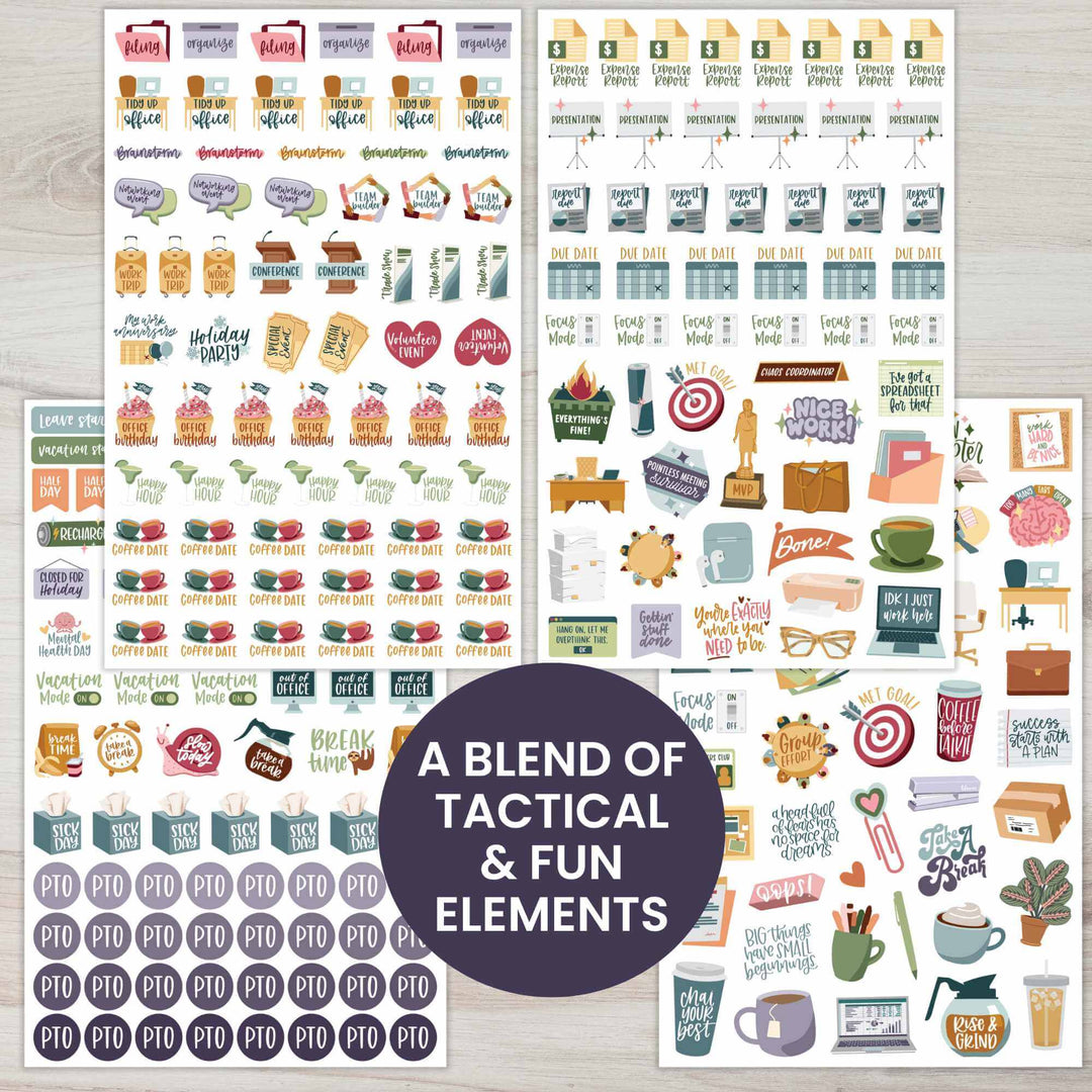 Bloom Workday Essentials Planner Stickers Pack featuring 802 stickers for organizing tasks, meetings, and more.