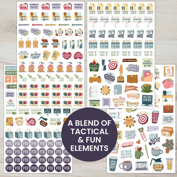 Bloom Workday Essentials Planner Stickers Pack featuring 802 stickers for organizing tasks, meetings, and more.