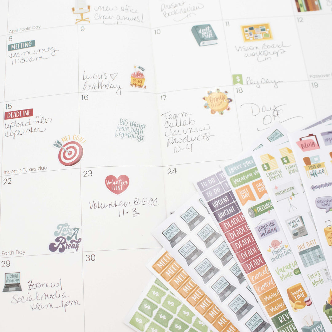 Bloom Workday Essentials Planner Stickers Pack on a calendar, helping organize tasks and meetings.