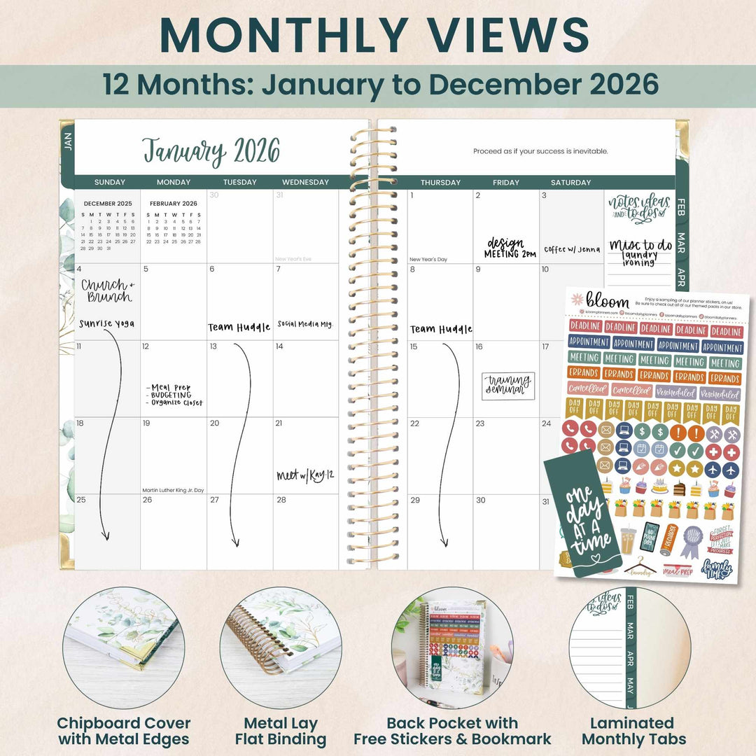 2026 Hard Cover Planner, 5.5" x 8.25", Eucalyptus, White