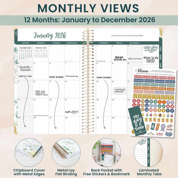 2026 Hard Cover Planner, 5.5" x 8.25", Eucalyptus, White