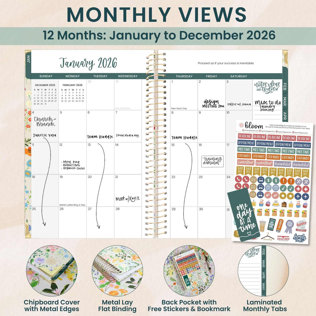 2026 Hard Cover Planner, 5.5" x 8.25", Garden Party, Beige