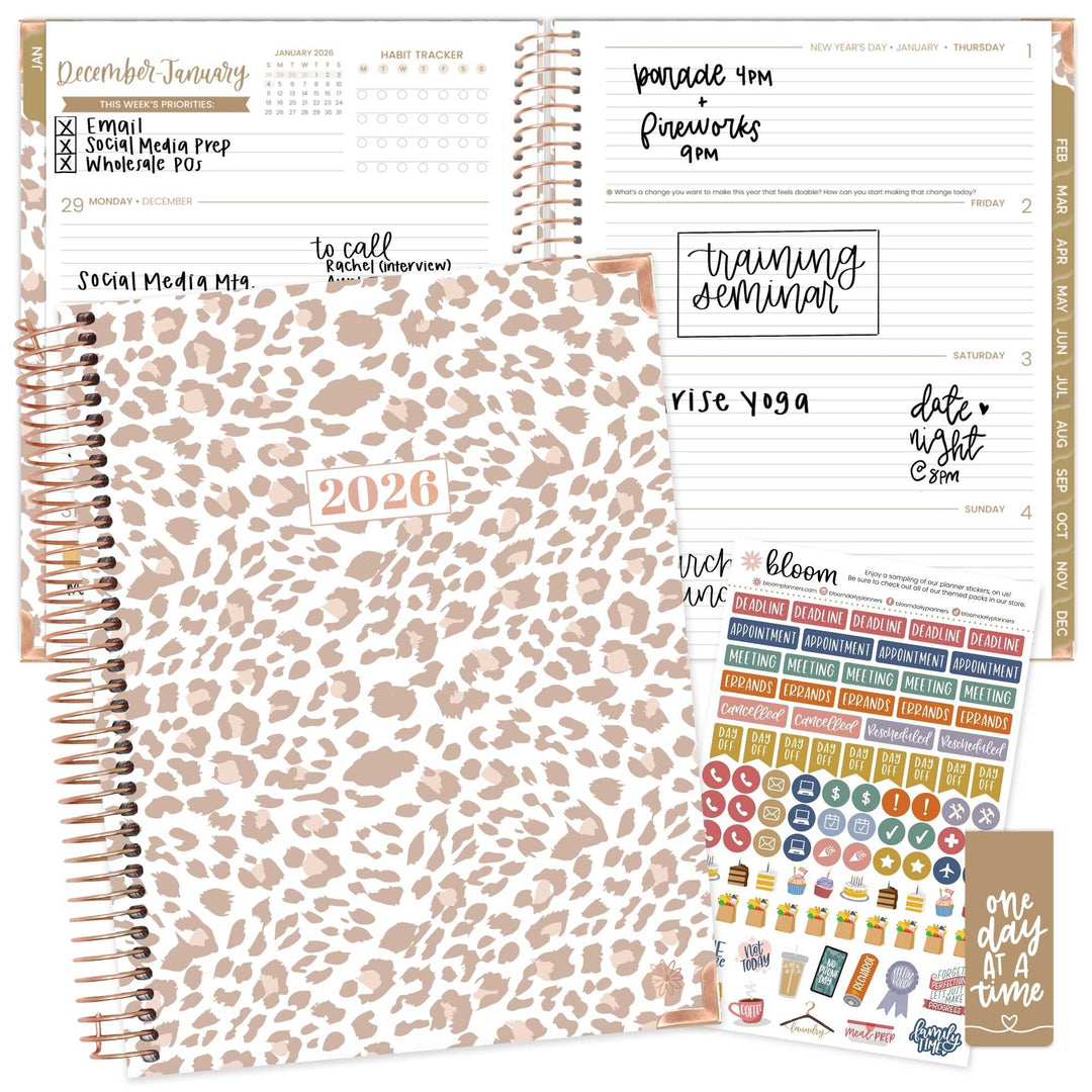 2026 Hard Cover Planner, 8.5" x 11", Tan Leopard